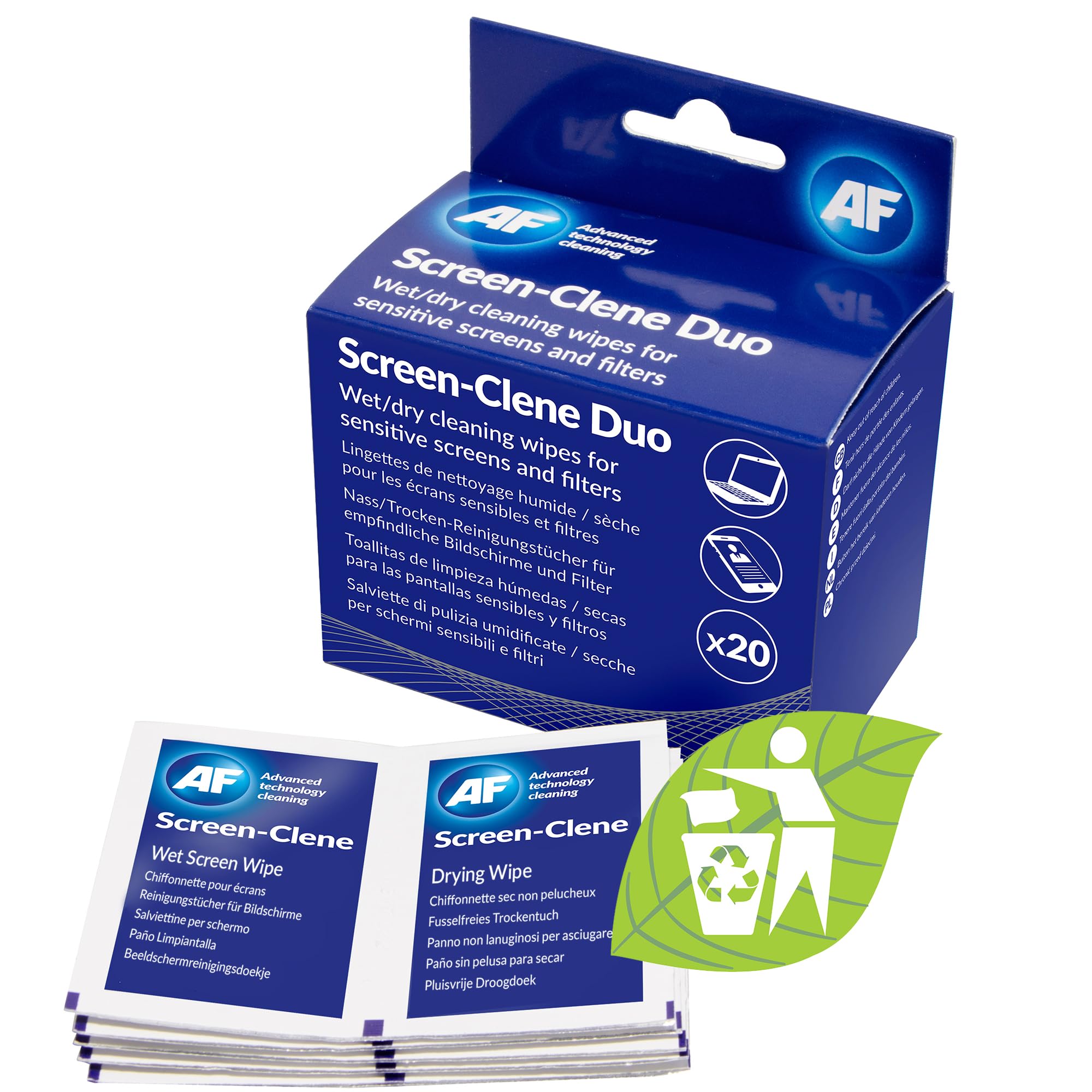 AF Screen-Clene Monitor Cleaning Duo Pairs of Wet and Dry Wipes. Anti-Static Cleaning Wipes - Box of 20 Duo Wipes For Smartphones, TV's, Glasses Lenses, Laptops, Monitors & Tablets, Silver,SCR020