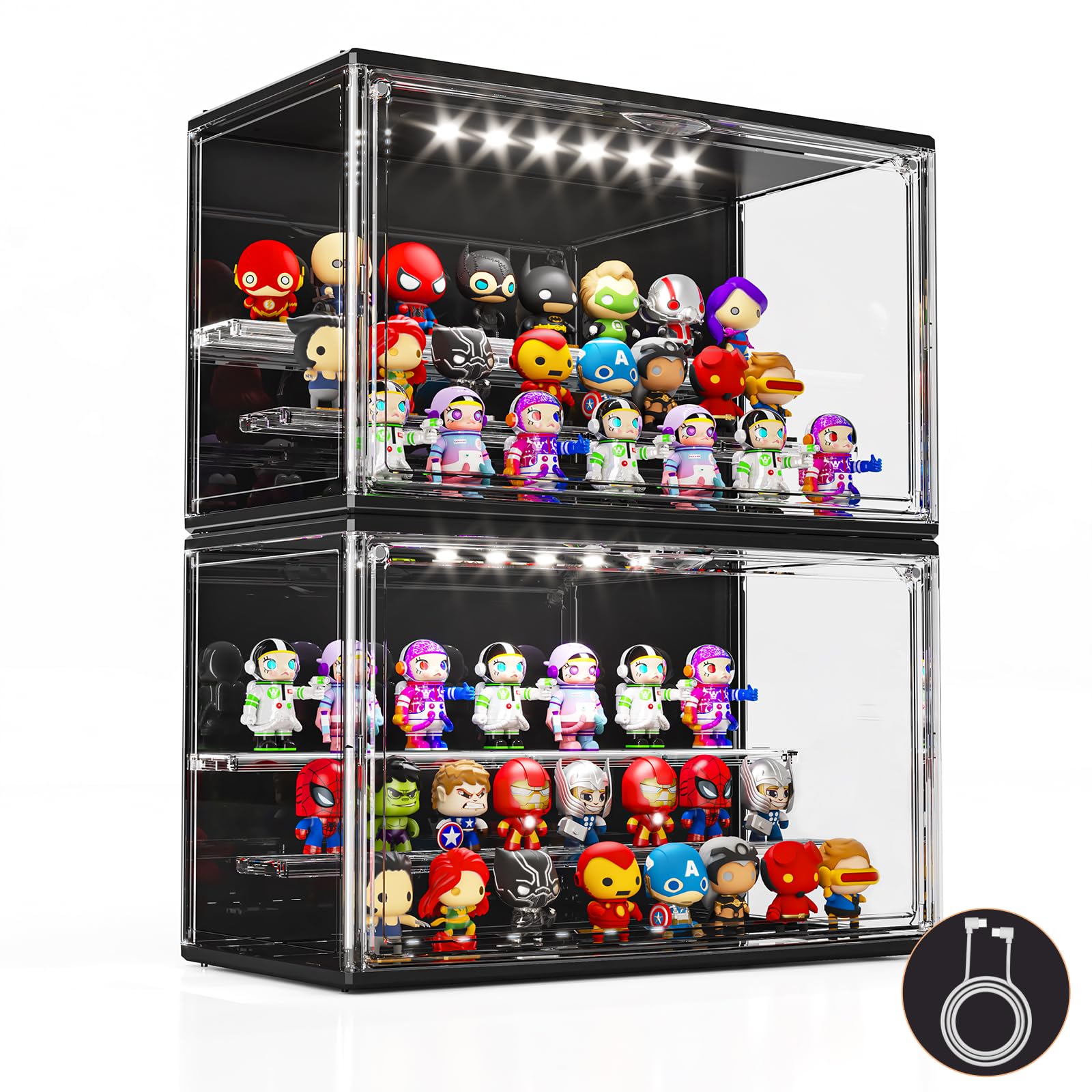Photo 1 of ***MISSING PARTS***
Acrylic Display Case for Collectibles with LED Light, 3 Layer Adjustable Figure Display Case with Magnetic Door, Lighted Display Box Stackable Clear Blind Box for Action Figure, Popmart, 2 Pack, Black