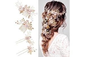 Wedding Hair Accessories, Crystal Pearl Rhinestone Comb Clips with Teeth Pink Floral Golden Leaf, Bridal Bridesmaid Hair Side