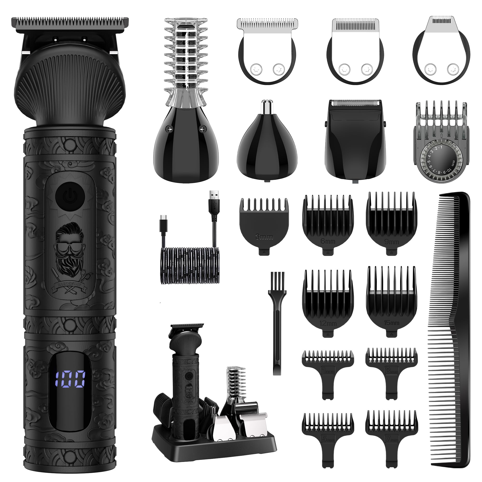 Scttomon Beard Trimmer for Men - Professional Grooming Kit, T-Blade Electric Shaver, Nose & Body Trimmer, Cordless 7 in 1 Black