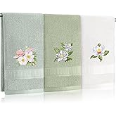 Tingjoo Magnolia Floral Hand Towels Farmhouse Green White Magnolia Bathroom Decor 14x29 Inch Embroidered Decorative Cute Summer Flowers Cotton Soft Absorbent Hand Towels for Bathroom Kitchen