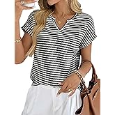 EVALESS Womens Dressy Casual Cap Short Sleeve Tops Trendy Summer V Neck Loose Striped Casual Basic T Shirts Tee Blouses