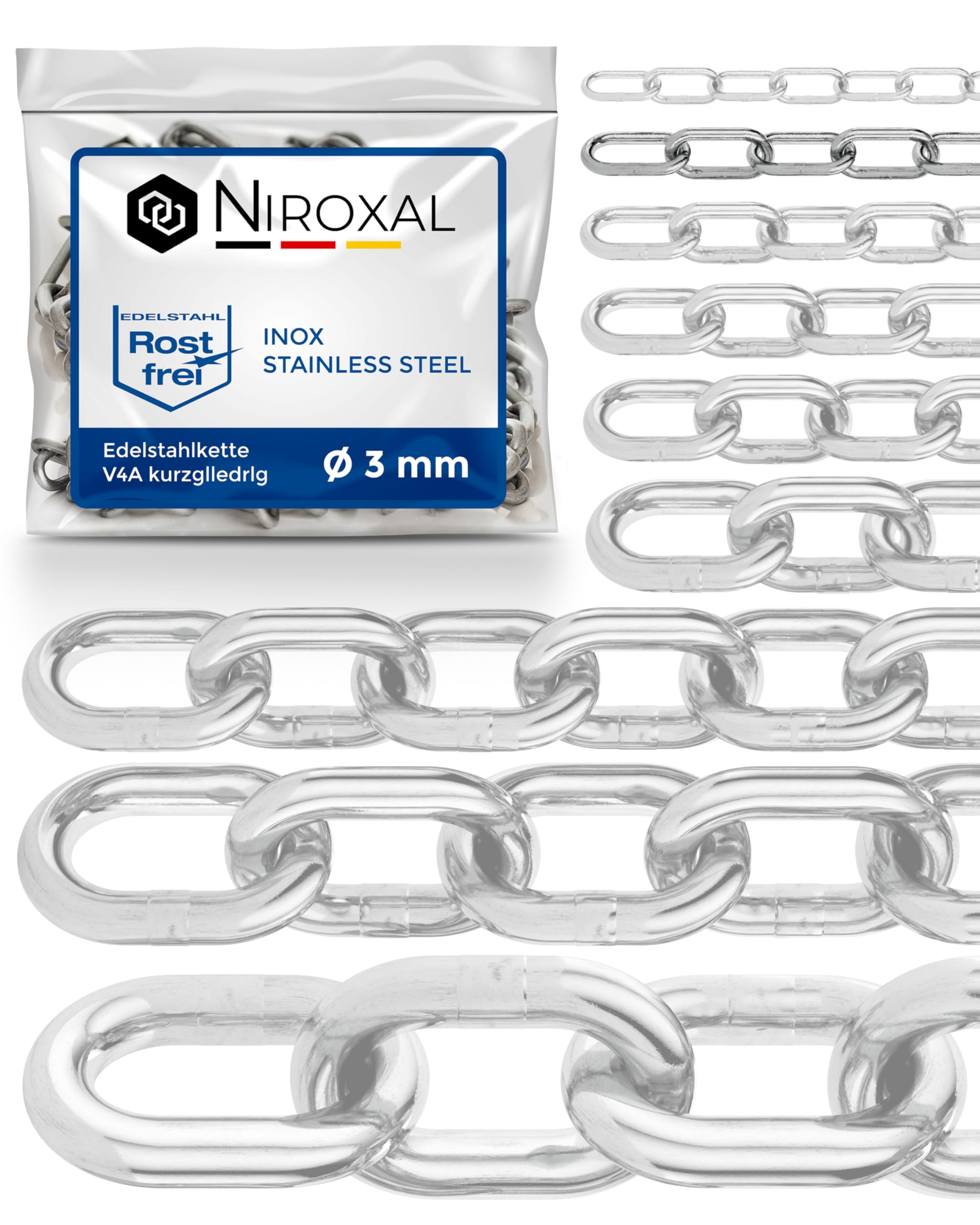 Stainless Steel Chain Short Link 316 Marine Grade A4 DIN 766 DIN 5685 3 mm Pack of 5 x 3 m Round Link Chain Rust Resistant Decorative Outdoor Chain NietFullThings