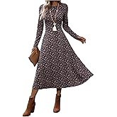 winkbay Women's Floral Puff Sleeve Dress Boho Crew Neck A Line Flowy Midi Sundress Fall Wedding Guest Dresses