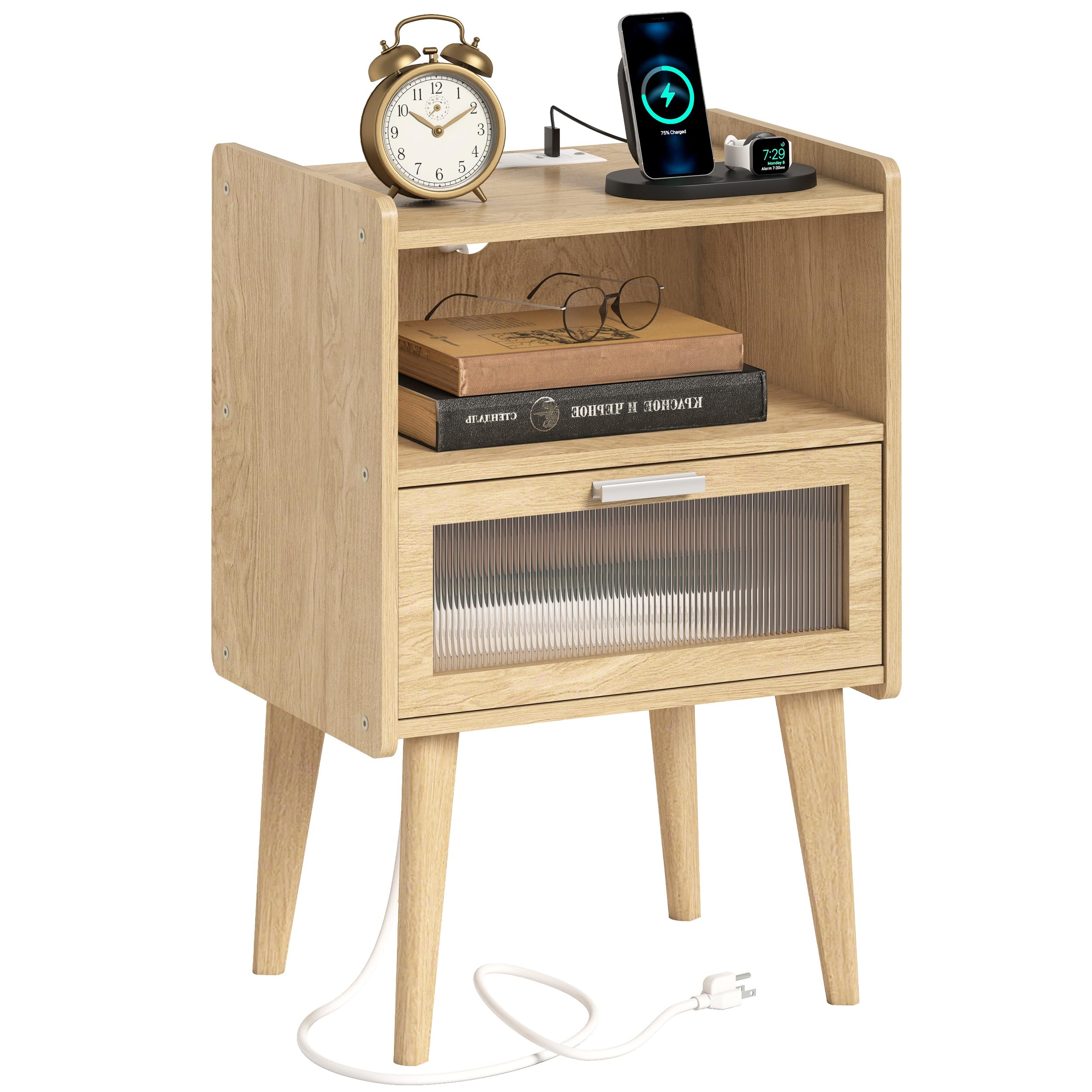Photo 1 of MMEOLUOOK Nightstand with Charging Station, Bedside Tables with Glass Decorative Door, Natural End Table, Side Table with 2 Tiers Storage Space for Bedroom Living Room CAMLBZ07YE
