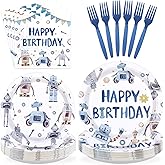 96Pcs Robot Birthday Party Decorations Happy Robot Birthday Plates and Napkins Tableware Set Blue Robots Shape Themed Decorations Favors for Boys Kids Baby Shower Gender Reveal Supplies Serves 24