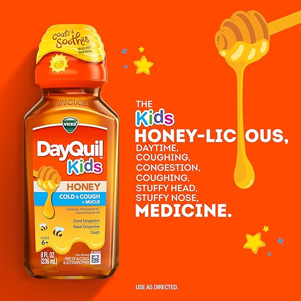 VICKS DAYQUIL KIDS COLD AND COUGH + MUCUS RELIEF MADE WITH REAL HONEY FOR KIDS 6+ TASTES GREAT 8OZ