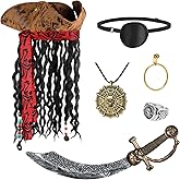 ZIZWO 6PCS Pirate Costume Accessories for Adult,Halloween Pirate Hat with Dreadlocks,Eye Patch Earring Skull Necklace Plastic Knife Silver Ring for Men Woman Cosplay