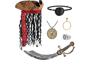 ZIZWO 6PCS Pirate Costume Accessories for Adult,Halloween Pirate Hat with Dreadlocks,Eye Patch Earring Skull Necklace Plastic Knife Silver Ring for Men Woman Cosplay