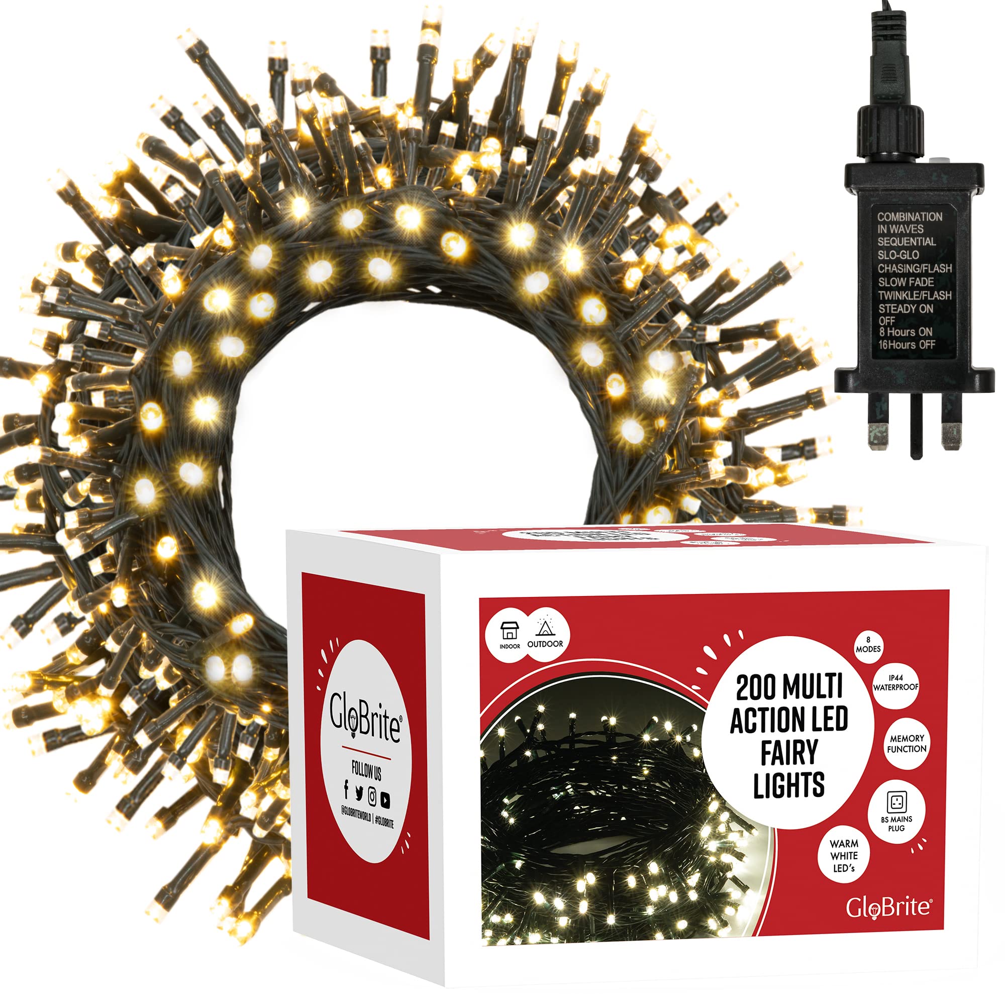 GloBrite 200 LED Fairy Lights - Versatile Christmas Lights with 8 Modes, Outdoor Fairy Lights, Christmas Tree Lights and Christmas Decorations - Waterproof Christmas Lights Outdoor - White