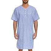 SWOMOG Mens Nightshirt 100% Cotton Short Sleeve Nightgown Button Down Sleep Shirt Comfy Nightwear Soft Sleepwear