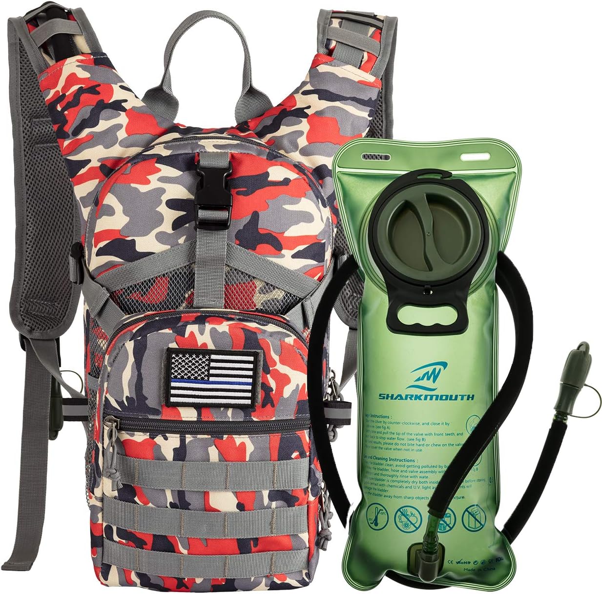 SHARKMOUTH Tactical MOLLE Hydration Pack Backpack 900D with 2L Leak-Proof Water Bladder, Keep Liquids Cool for Up to 4 Hours, Daypack for Hiking, Cycling, Running, Hunting, USA Flag Patch