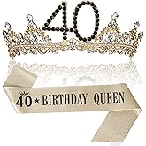 40th Birthday Crown and Sash for Women, 40 Tiara Headband, Black Gold 40th Birthday Decorations Gifts Favors for Female Friends Sister Daughter Wife Mom