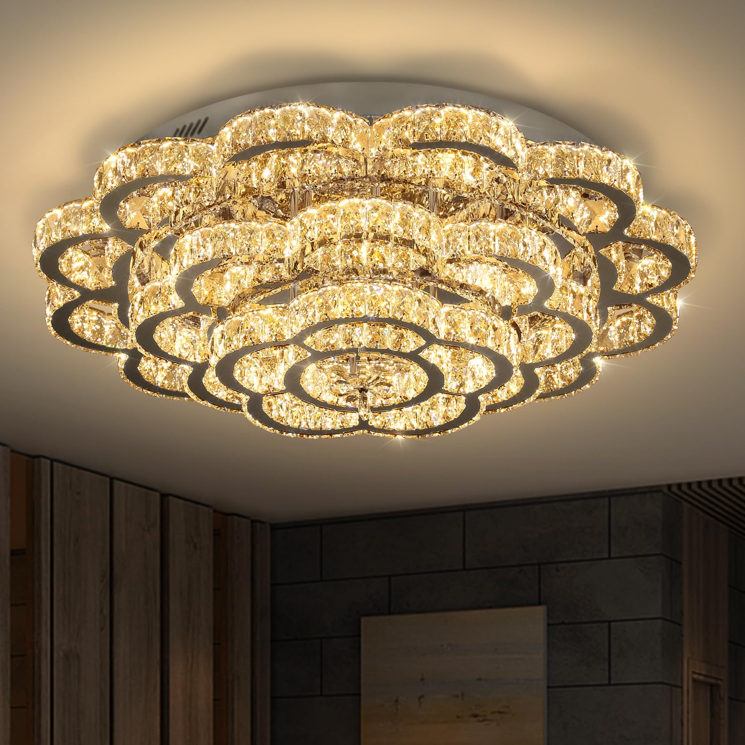 Photo 1 of Dia 32" Modern Crystal Chandeliers for Living Room LED Dimmable Bedroom Chandelier with Remote Crystal Ceiling Light Fixture Flush Mount Chandelier for Dining Room Foyer