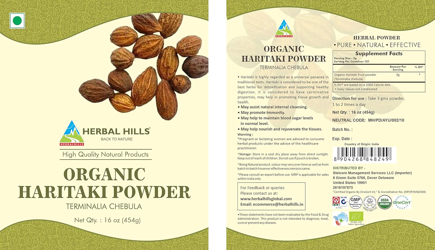 Herbal Hills Organic Haritaki Powder Terminalia Chebula 454 gm /16 oz USDA Certified Organic - Detoxification & Rejuvenation*: Health & Personal Care