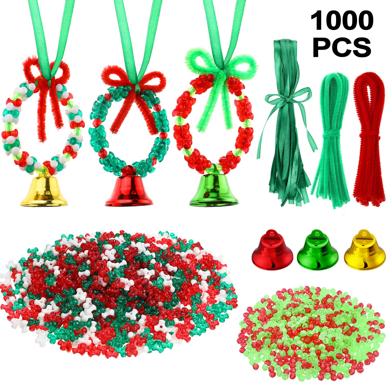 1000 Pieces Tri-Shaped Beads Plastic Tri Beads, 30 Pieces Chenille Stems Pipe Cleaners, Green Ribbons, Red and Green Beads, Bells for Christmas Tree Decorations Party DIY Supplies