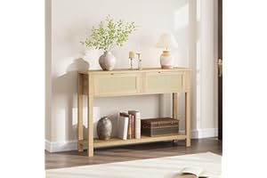 GarveeHome 43'' Rattan Console Table with 2 Drawers, Narrow Entryway Table with Storage Shelf, Modern Accent Sofa Table for L