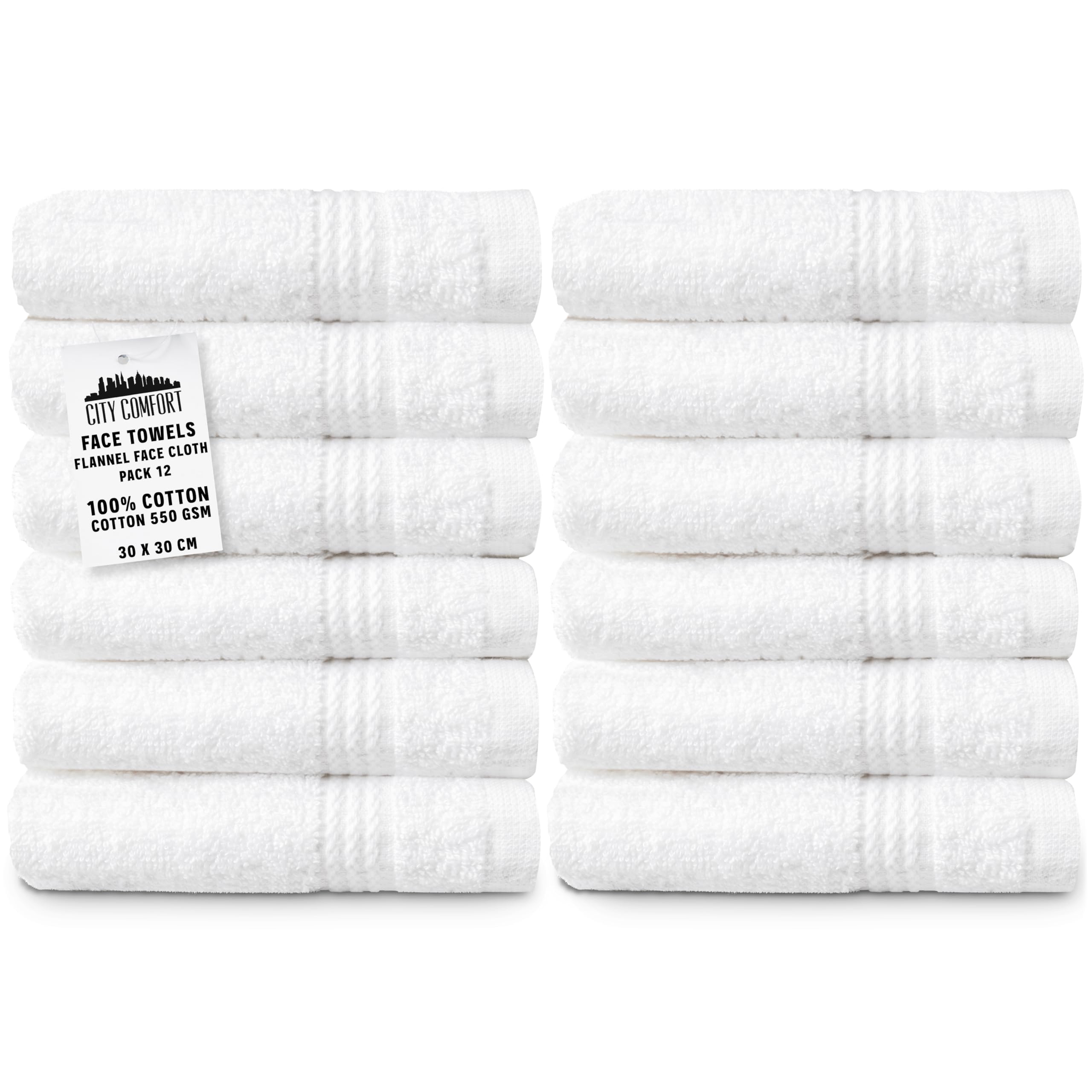 CityComfort Flannels Pack of 12 Face Towels 100% Cotton 550 GSM 30x30cm Highly Absorbent Soft Wash Cloth Household Essentials (White - 12 Pack)