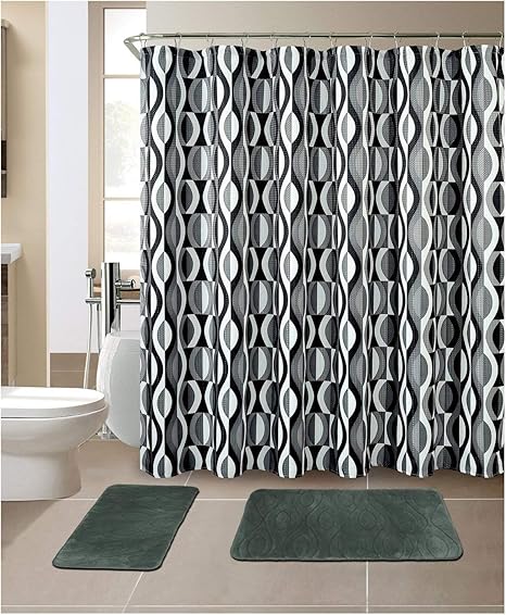 Amazon Com All American Collection 15 Piece Bathroom Set With 2 Memory Foam Bath Mats And Matching Shower Curtain Designer Patterns And Colors Home Kitchen