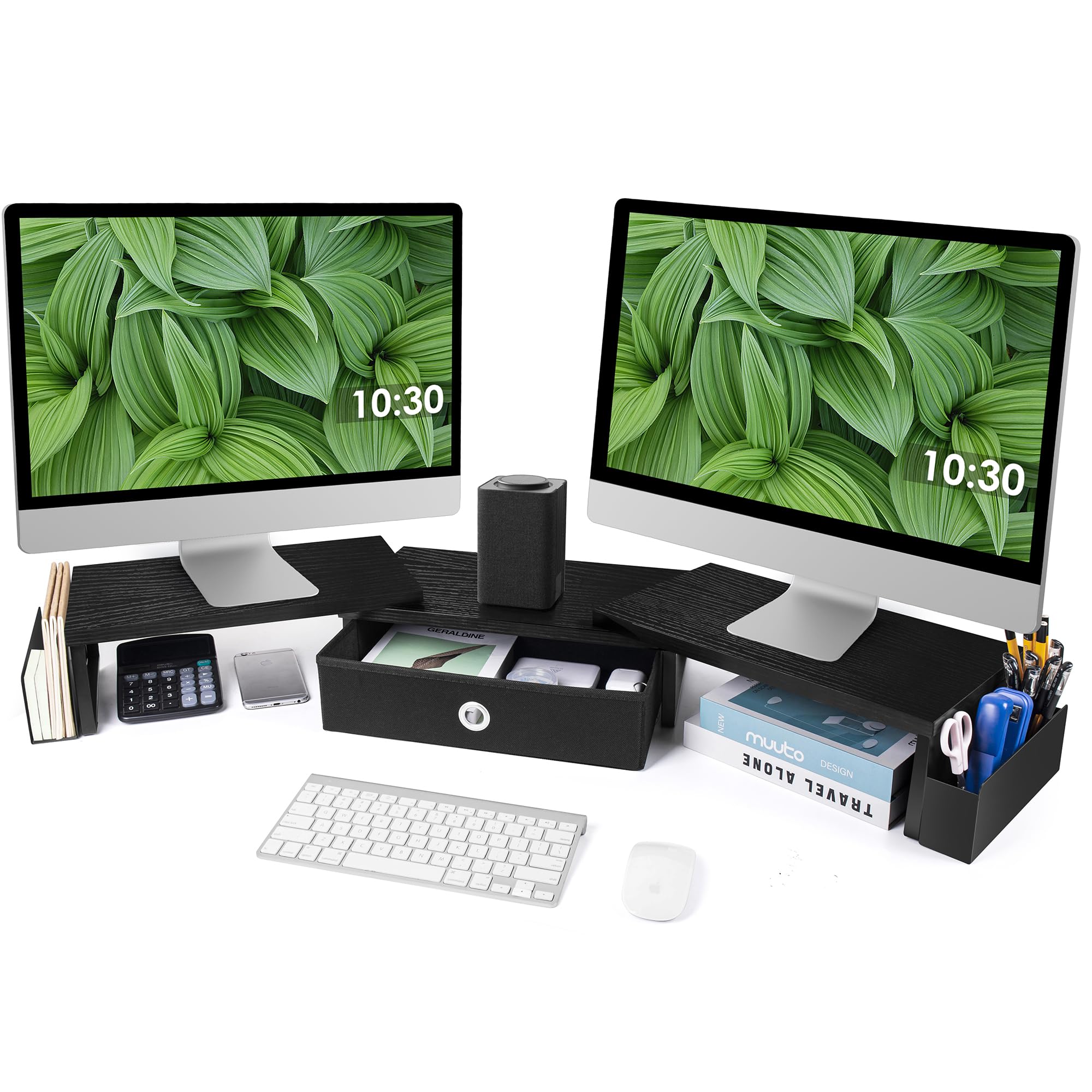 Photo 1 of Dual Monitor Stand Riser w/ Drawer & Metal Leg, Large Computer Monitor Riser w/ Storage For 2 Monitors, Desk Shelf For Monitor w/ Adjustable Length & Angle, Desktop Organizer For Laptop/TV/Printer