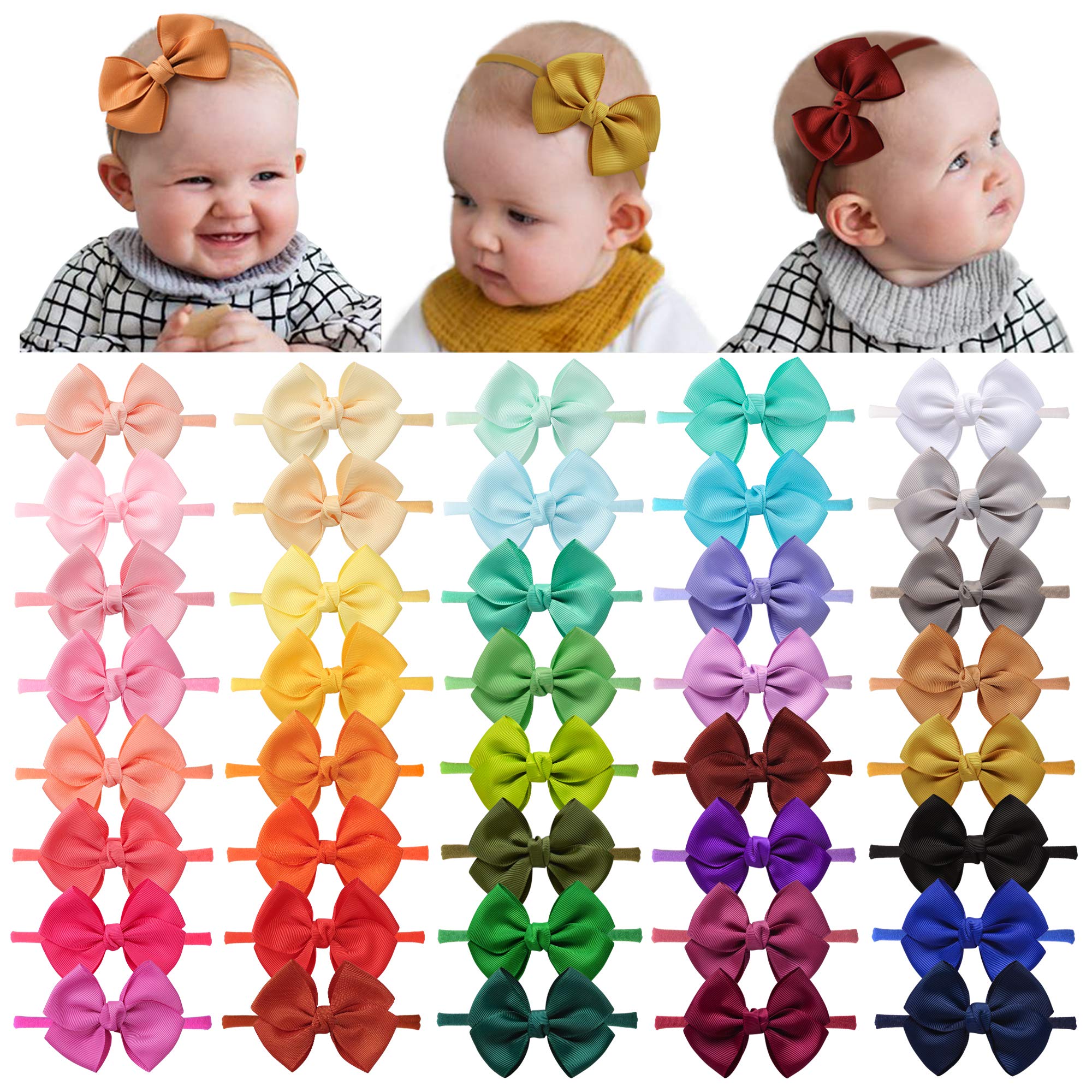 40 Pieces Baby Girls Headbands Nylon Hairband Grosgrain Ribbon Hair Bows Handmade Hair Accessories for Newborn Infant Toddler Kids