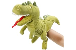 Hopearl Plush Dinosaur Hand Puppet T-Rex Puppet with Open Movable Mouth for Imaginative Play, Role Play, Interactive Toy for Storytelling Teaching Puppet Theater, Birthday Gift for Kids, Green, 13''
