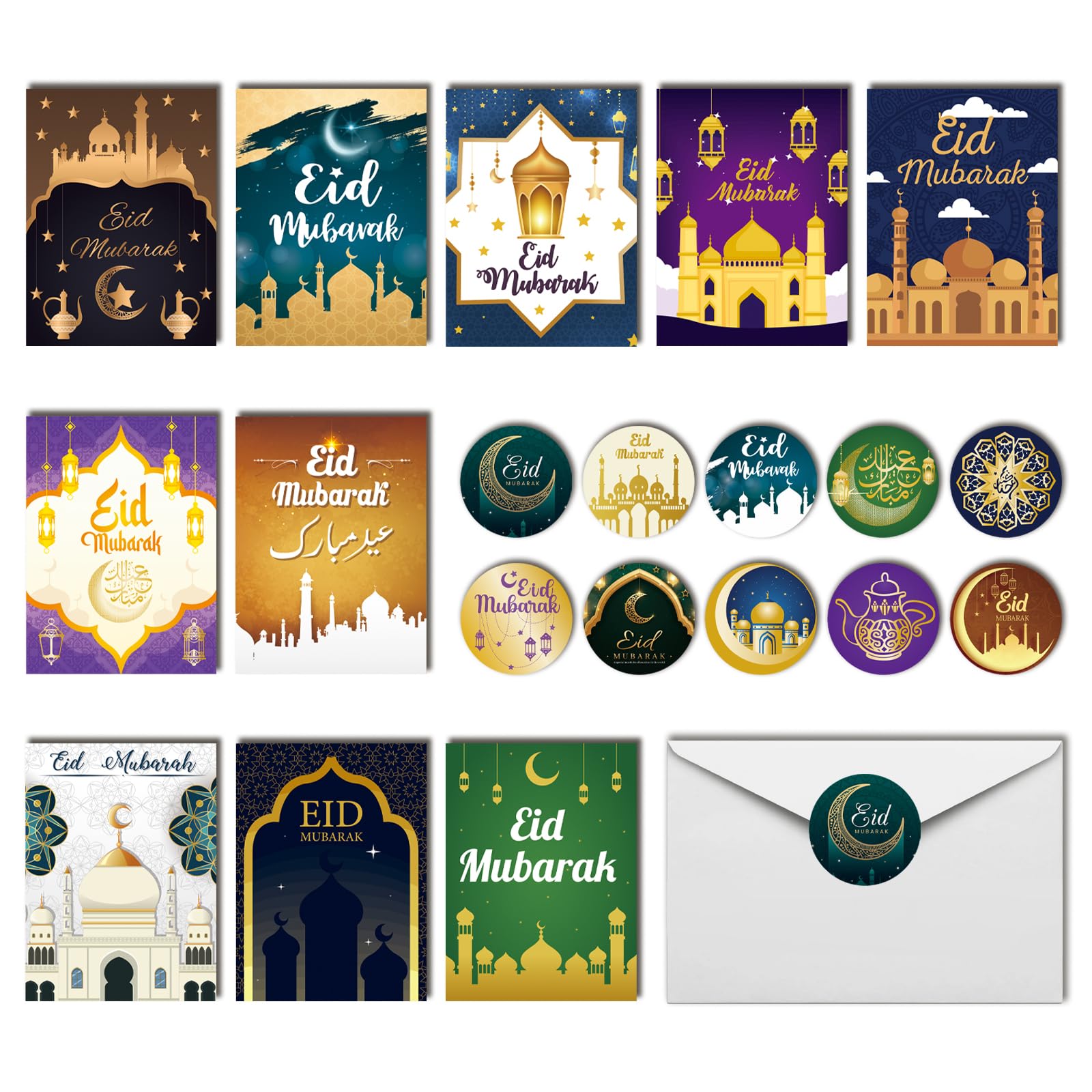 50 Pack Eid Mubarak Cards, Islamic Eid Card Paper Greeting Cards Eid Mubarak Decorations with 50 Envelopes & Eid Mubarak Stickers for Party Supplies Celebration