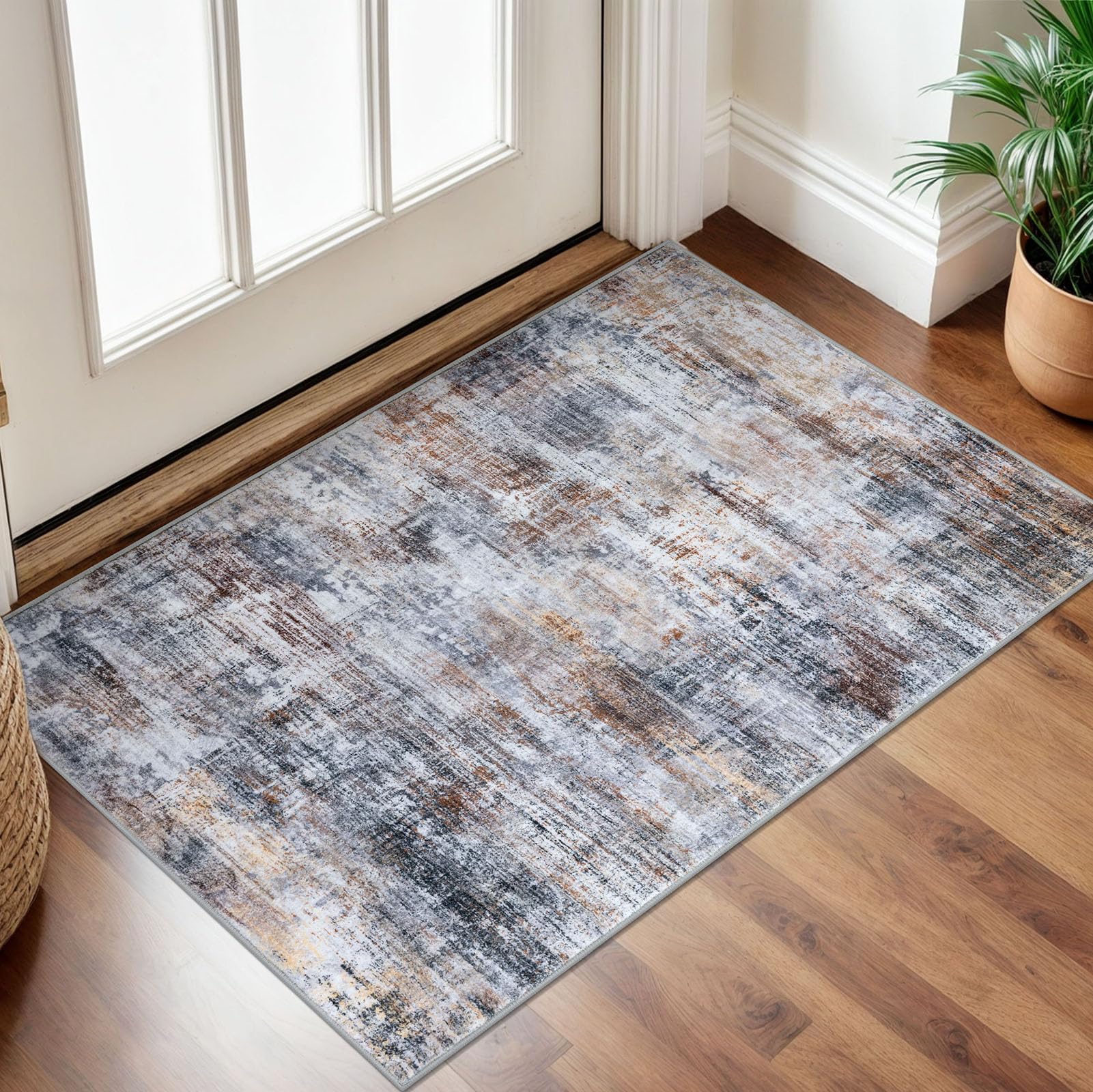 Photo 1 of IOHOUZE Small Abstract Area Rug 2x3 Ft Entryway Rugs Washable Door Mat Indoor Entrance, Rubber Backed Throw Rugs, Printed Faux Wool Non Slip Floor Carpet for Foyer Front Door Sink, Orange Grey