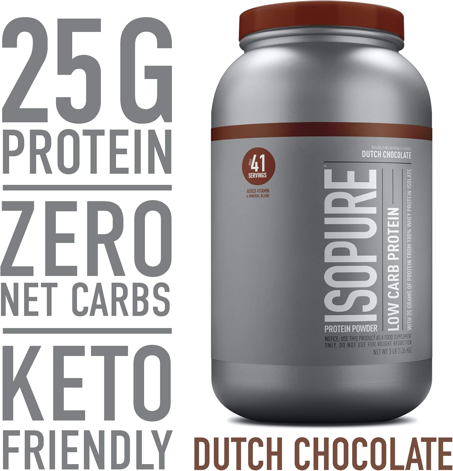 Isopure Low Carb, Vitamin C and Zinc for Immune Support, 25g Protein, Keto Friendly Protein Powder, 100% Whey Protein Isolate, Flavor: Dutch Chocolate, 3 Pounds (Packaging May Vary): Health & Personal Care