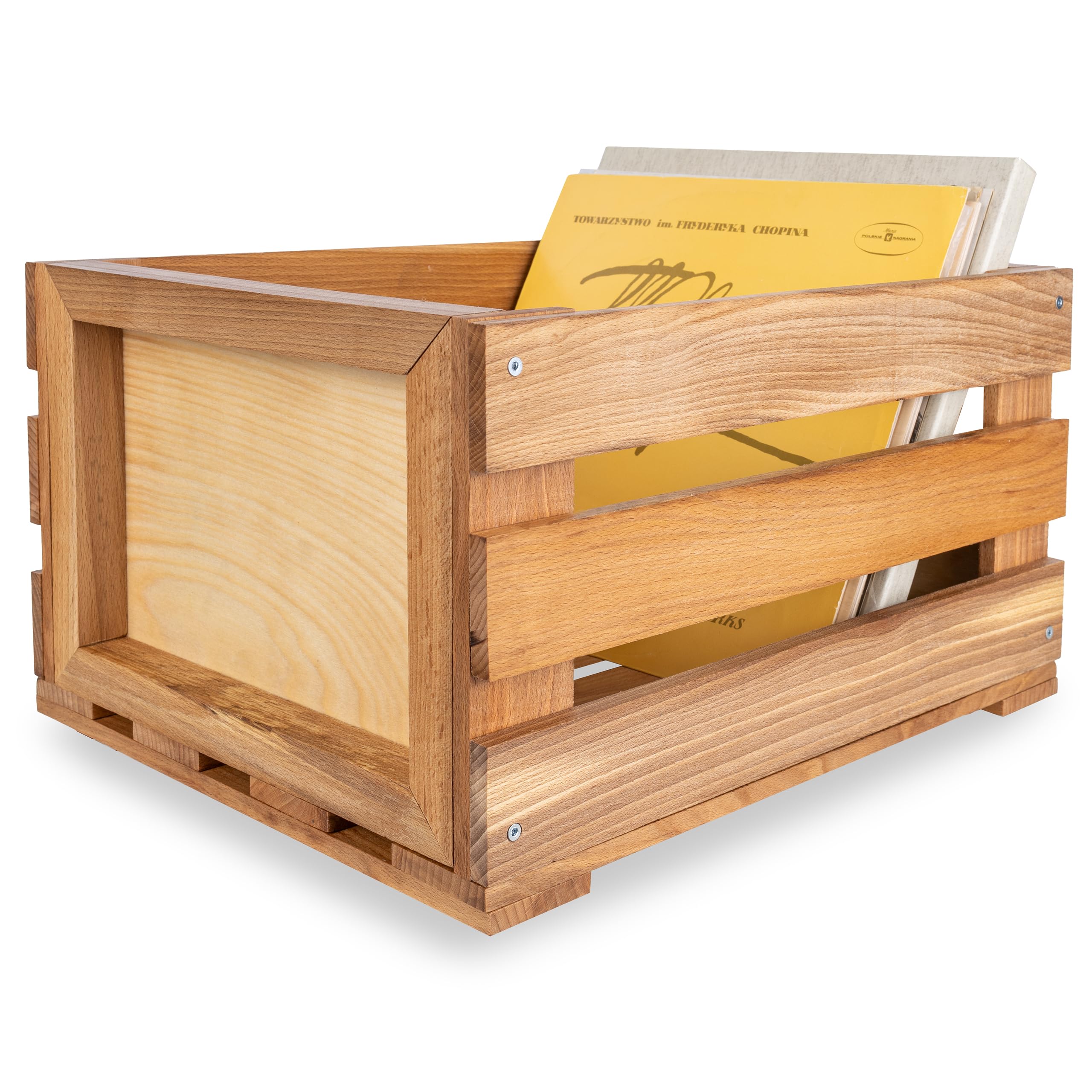 Creative Deco Vinyl Box zur Aufbewahrung bis zu 80 Schallplatten | Regal Holzbox 46x36x25 cm (+/- 1cm) | Schallplattenkiste Holz | Buchenholz LP Kiste für Obst, Gemüse, Wein, Spielzeugkiste