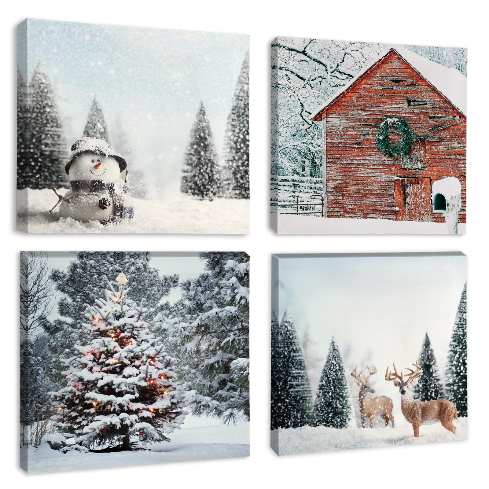 Artscope 4 Pieces Christmas Wall Art Canvas Prints - Snowy Days and Elk Picture Painting - Modern Wall Artwork Framed for Gifts Bathroom Home Kitchen Office Christmas Decor - 30 x 30 CM