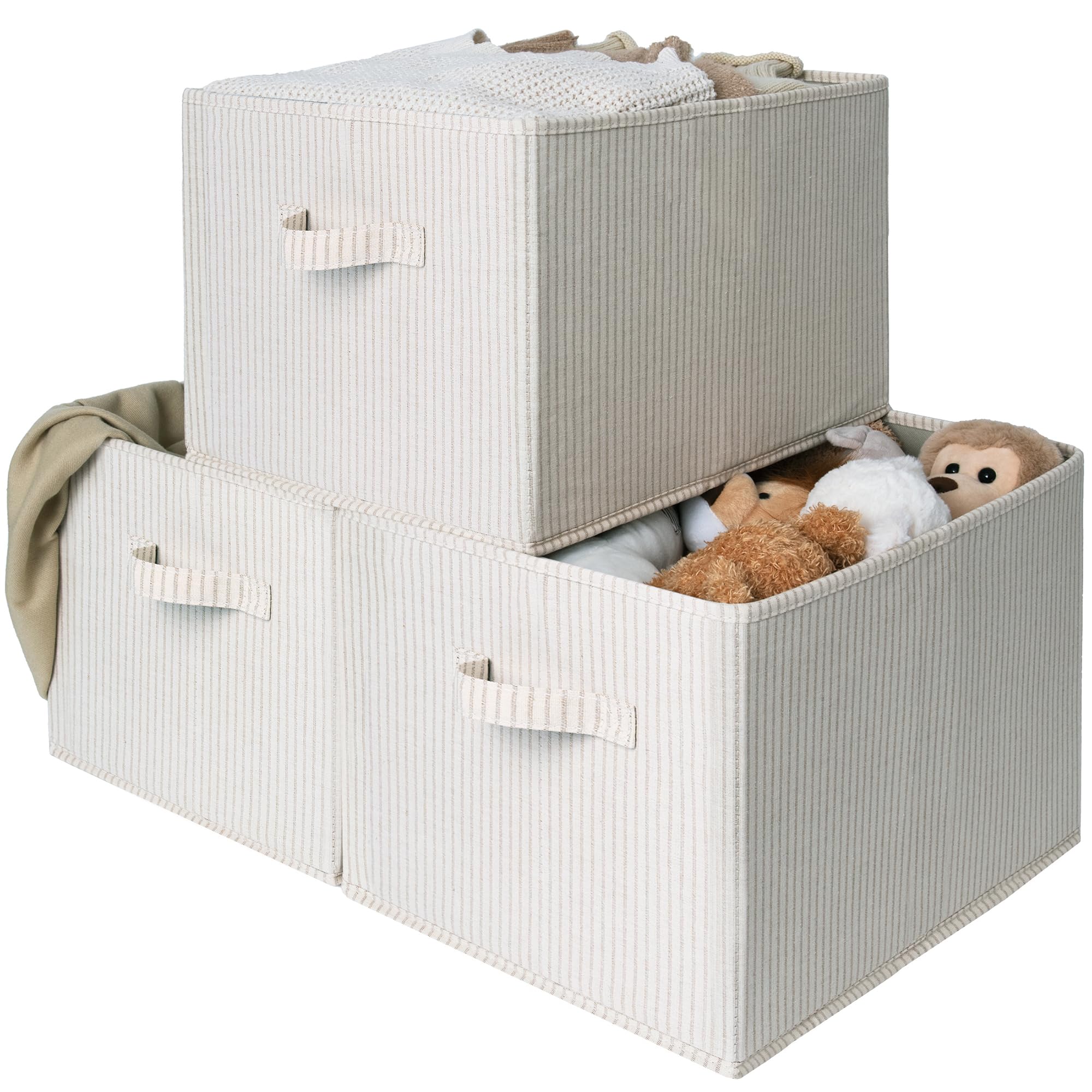 StorageWorks Large Storage Boxes for Wardrobe, Rectangular Storage Baskets for Shelves, Closet Organizers with Handles, Foldable Closet Storage Bins for Linen Closet, Beige Stripes, 3-Pack