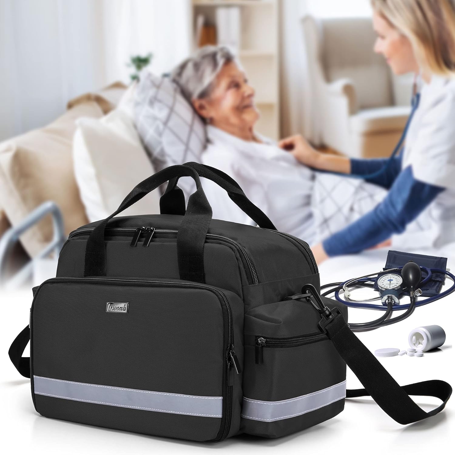 Trunab Medical Supplies Bag, Nurse Bag with Handle and Shoulder Strap for Home Health Care, Hospice Visit, Travel, or Emergency Event, Black, Bag Only: Health & Personal Care