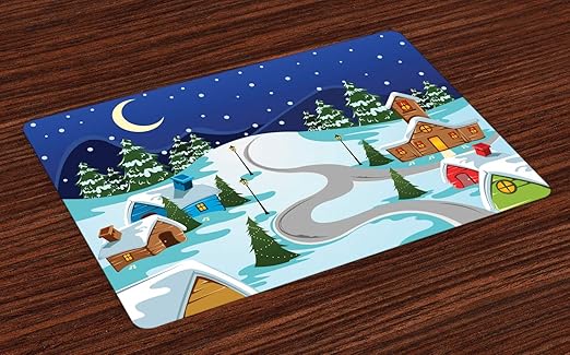 Amazon Com Lunarable Snow Place Mats Set Of 4 Cartoon Graphics Illustration Of A Village Covered In Snow In Winter Houses Path Road Washable Fabric Placemats For Dining Room Kitchen Table Decor Multicolor
