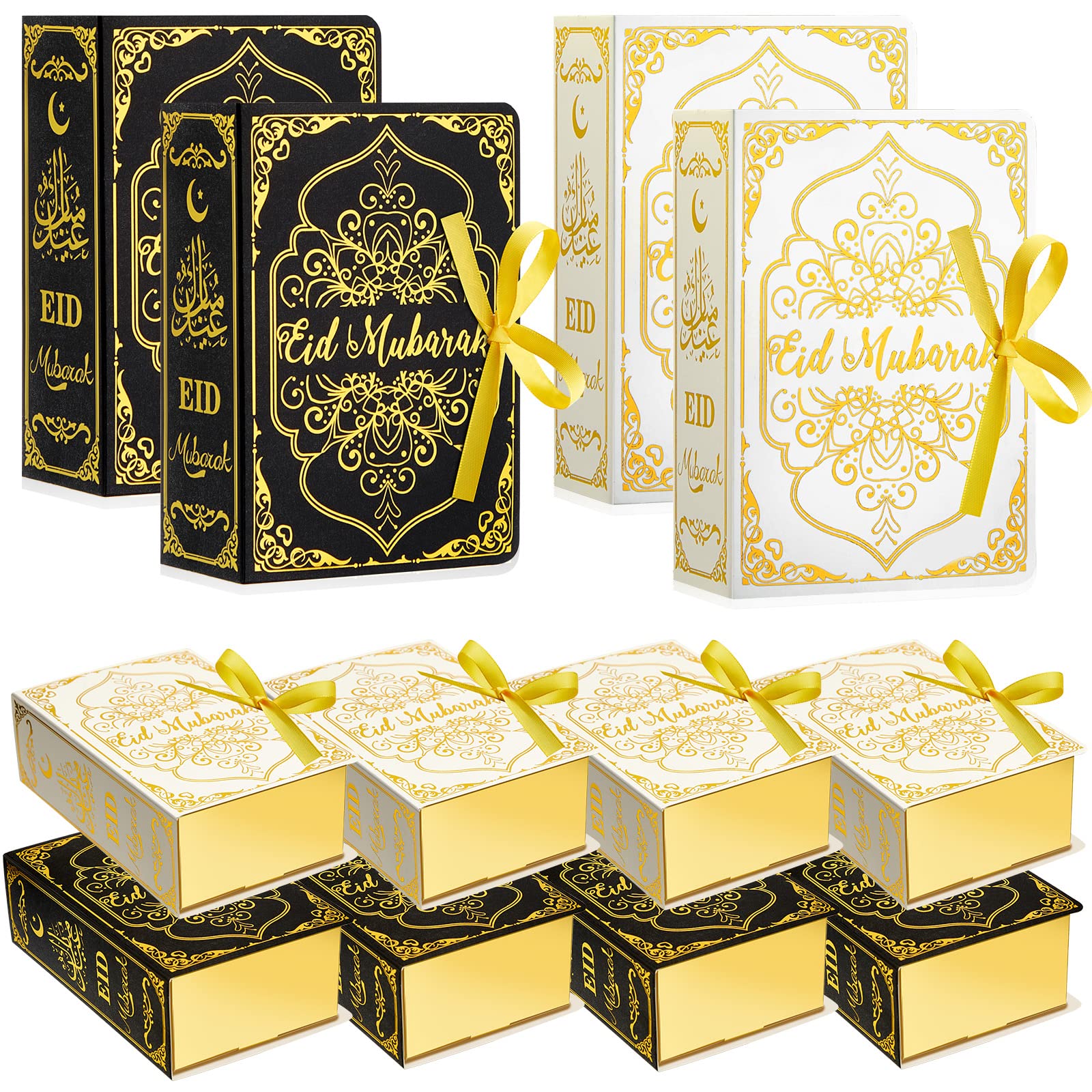 12 Pcs Ramadan Eid Mubarak Favor Boxes Eid Mubarak Treat Box Party Favors Square Candy Ramadan Box with Golden Ribbon for Eid Party Decoration Supplies Snack Sugar Chocolate Goodie, 2 Styles