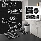 juwute 4Pcs Family Shower Curtain Sets with Non-Slip Rugs | Toilet Lid Cover and Bath Mat,Black Home Bathroom Decor Set Accessories Waterproof Shower Curtains with 12 Hooks,72 x 72 Inch
