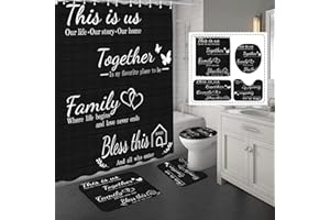 juwute 4Pcs Family Shower Curtain Sets with Non-Slip Rugs, Toilet Lid Cover and Bath Mat, Black Home Bathroom Decor Set Accessories Waterproof Shower Curtains with 12 Hooks, 72 x 72 Inch