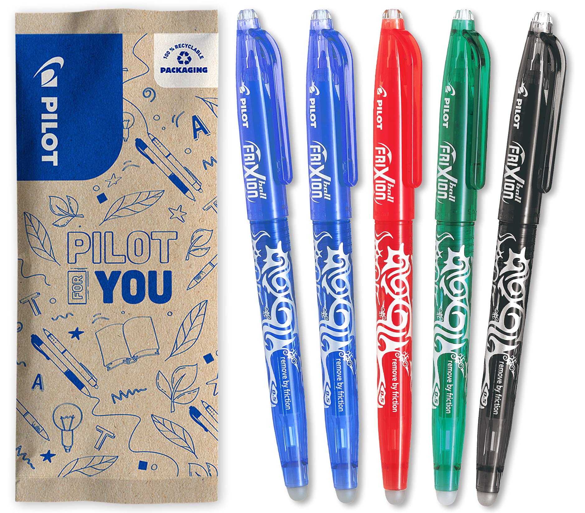 PILOT - 5 Frixion Ball - Erasable Gel Ink - Refillable and Ergonomic Rollerball Pen - 2 Blue, 1 Red, 1 Black, 1 Green - Fine Tip
