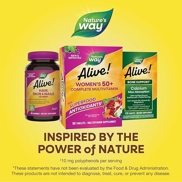 NATURE’S WAY ALIVE! WOMEN’S 50+ COMPLETE MULTIVITAMINS, SUPPORTS HEALTHY HEART, BRAIN, BONES*, SUPERFOOD ANTIOXIDANTS(1), B-VITAMINS, GLUTEN FREE, 50 TABLETS (PACKAGING MAY VARY)