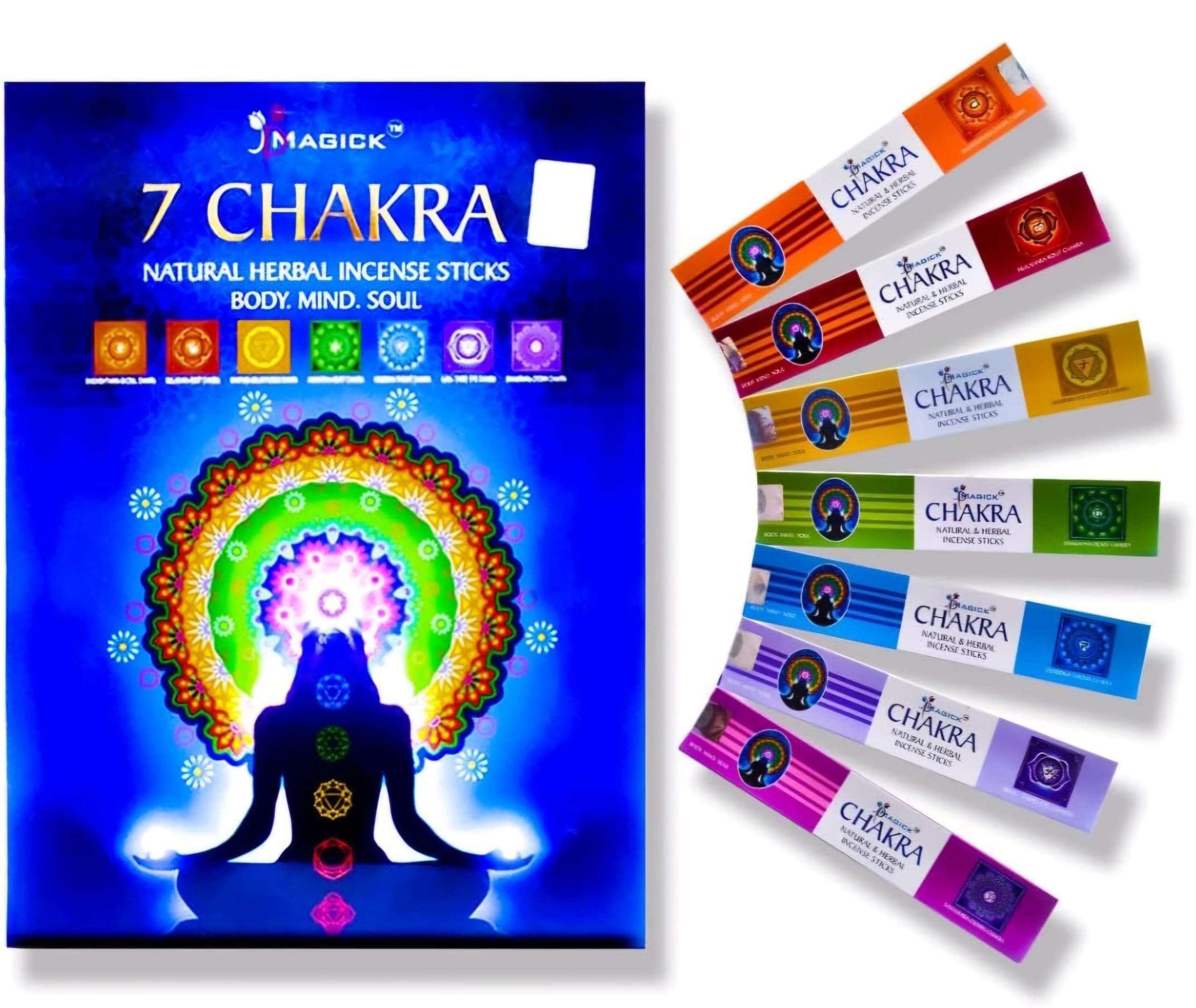 Divine Magick 7 Chakra Incense Sticks – 15g x 7 Pack Multipack | Sandalwood & Herbal Joss Sticks | Chakra Incense for Meditation, Yoga, Relaxation | Works with Holder | Hand-Rolled in India