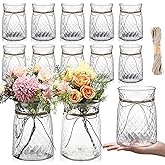 Bokon 12 Pcs Plastic Vases Bulk for Centerpieces Table, 6.3 in Bud Vases in Bulk, Mini Clear Planter for Flower with Rope Design and Plant Containers for Wedding Dinning Home Decoration (Clear)