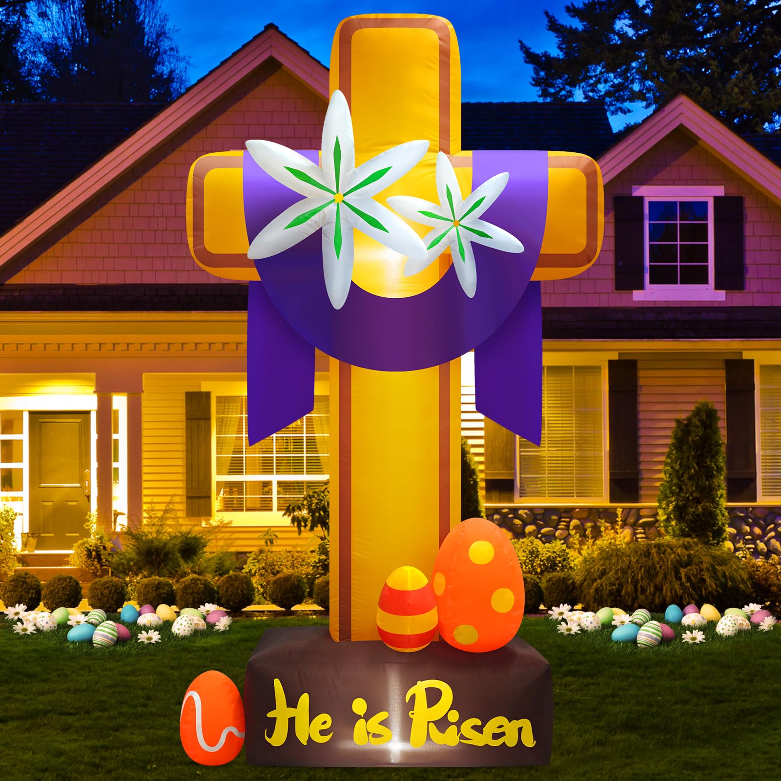 Photo 1 of MICOCAH 8FT Easter Inflatables Outdoor Decorations He is Risen Inflatable Cross with Lilies and Easter Eggs Blow Up with LED Lights for Indoor Yard Garden Lawn Party Holiday Christian