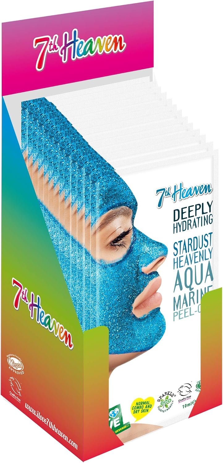 7th Heaven Stardust Heavenly Aquamarine Peel-Off Face Mask (Pack of 12) with Pressed Coconut to Deeply Hydrate and Nourish Skin
