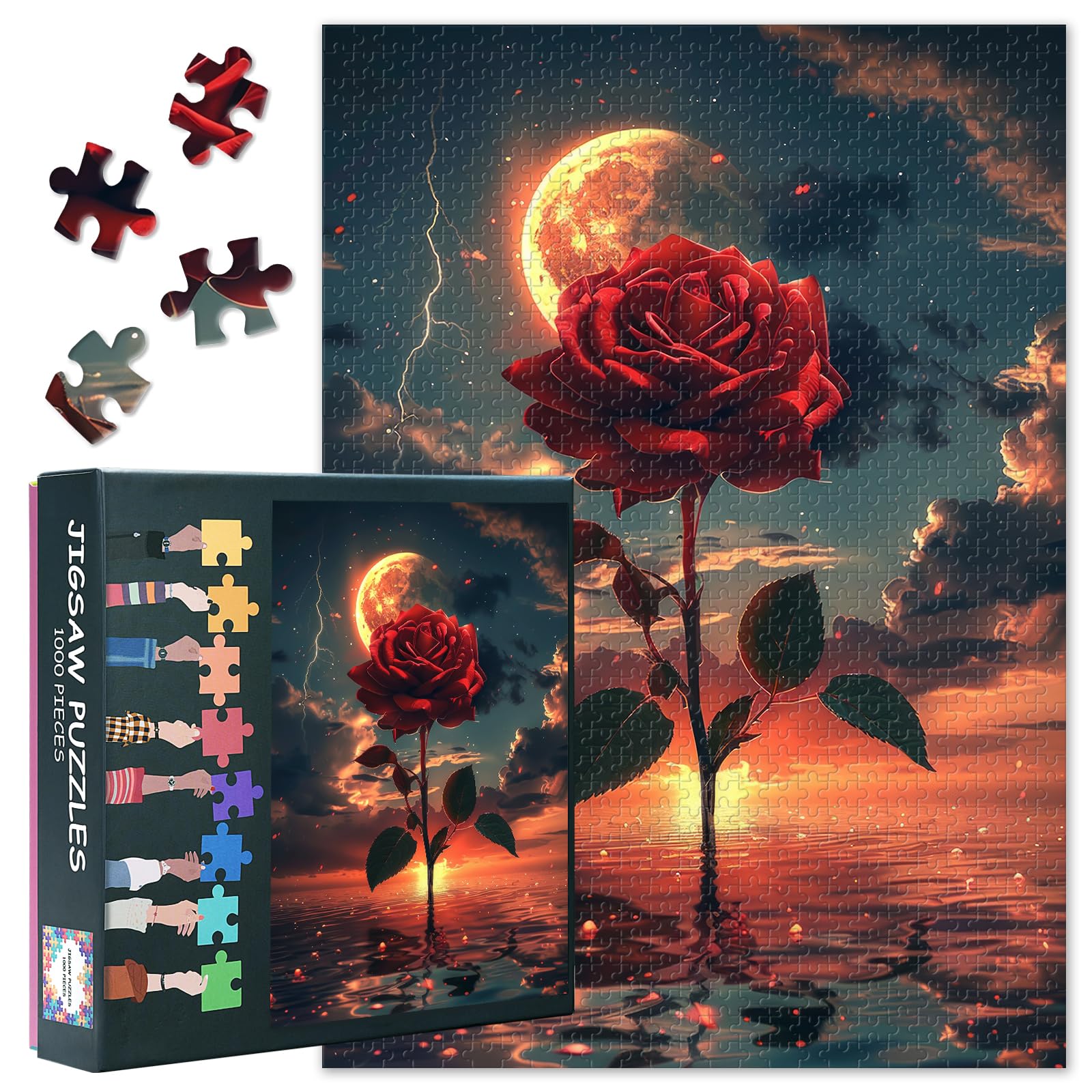 1000 Pieces Jigsaw Puzzles for Adults, Red Rose Jigsaw Puzzles, Glowing Full Moon Puzzle for Adults, Educational Fun Games or Toys for Elders Friends 20X27 INCH