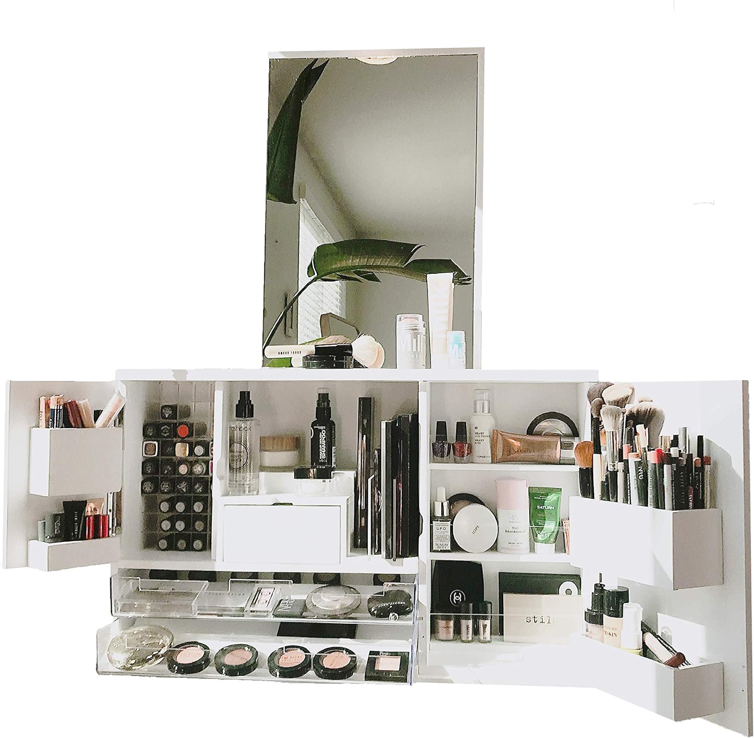 Bleach L.a Furnishings Makeup Organizer Vanity, Acrylic and Wood Cosmetic Storage Display Box, Wall Mounted or Place on Countertop - Fits Everything, Clutter Free, Easy Access (natural white wood)