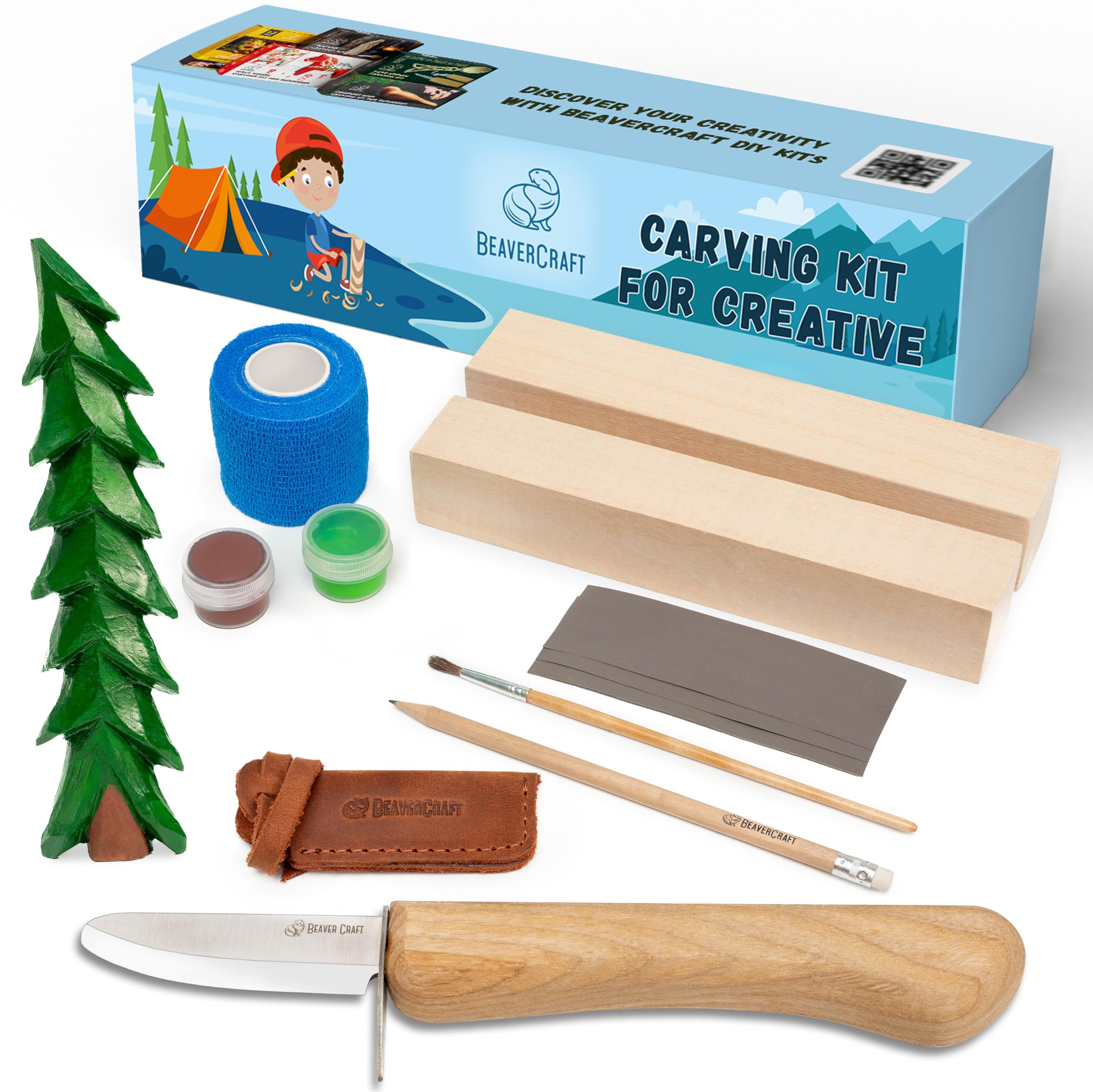 BeaverCraft Wood Carving Kit for Beginner DIY 08 - Whittling Kit for Kids - Wood Carving Tools Set Includes Chisel, Basswood Blocks - Hobby Gift