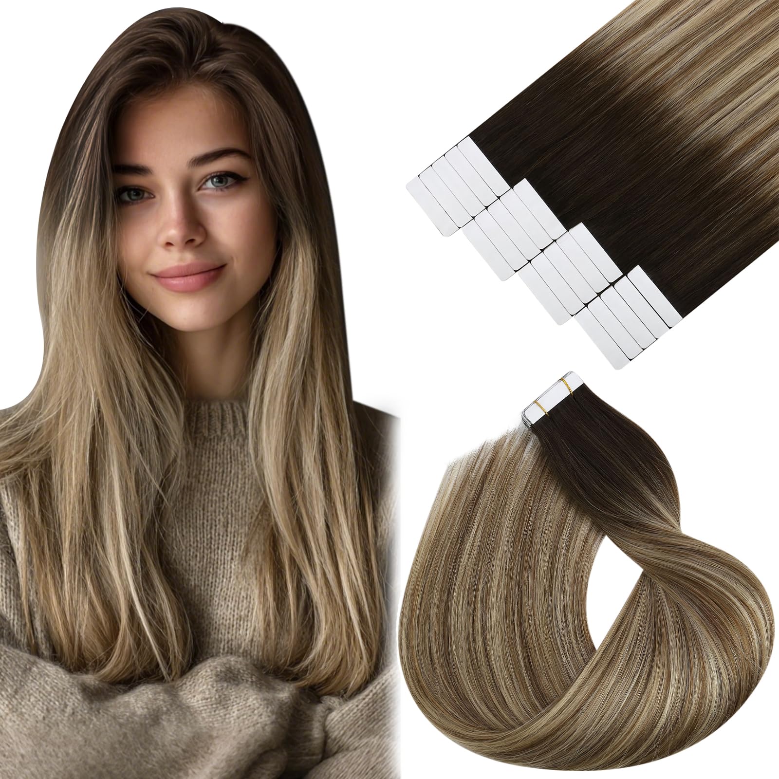Vivien Hair Extensions Tape in Brown Balayage 24Inch Invisible Tape in Extensions Real Human Hair Brown Ombre Light Blonde Long 50g 20Pcs #3/8/24 — image 1