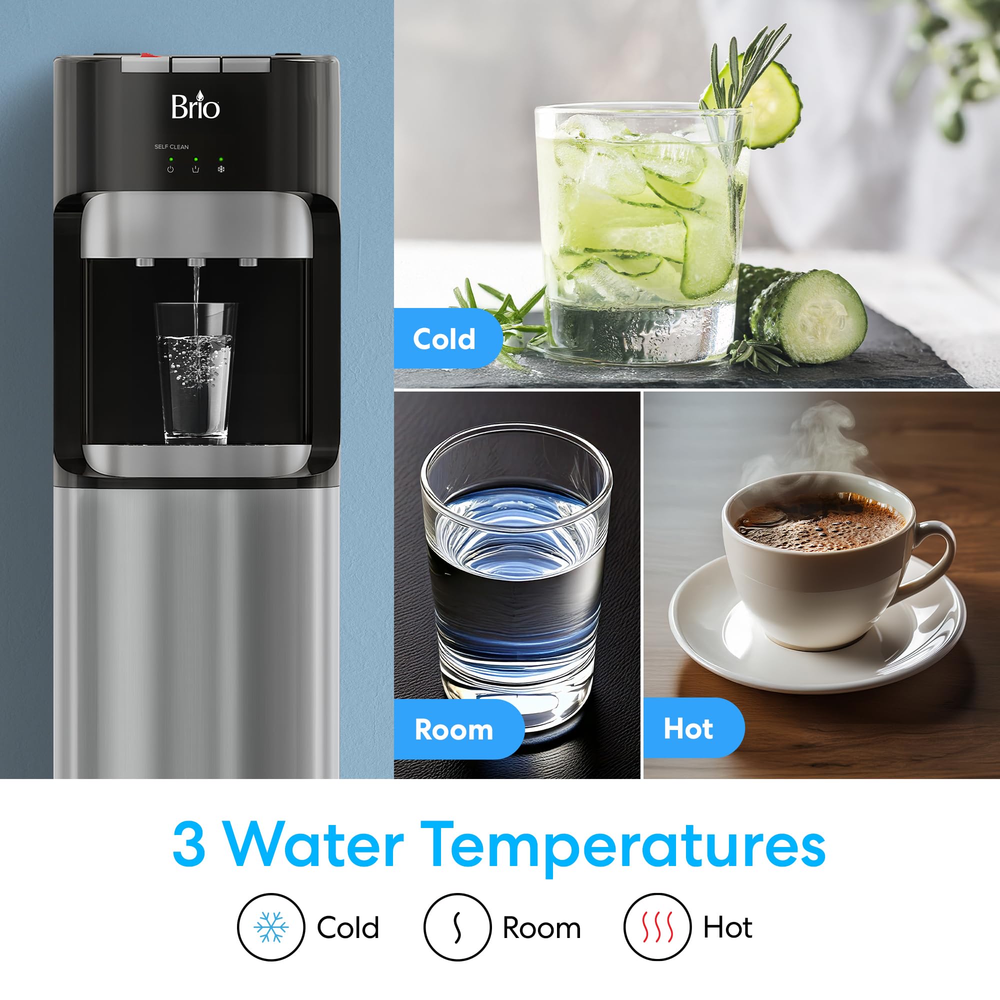 Brio Commercial Grade Bottleless Ultra Safe Reverse Osmosis Drinking Water Filter Water Cooler Dispenser-3 Temperature Settings Hot, Cold & Room Water - UL Approved – Point of Use