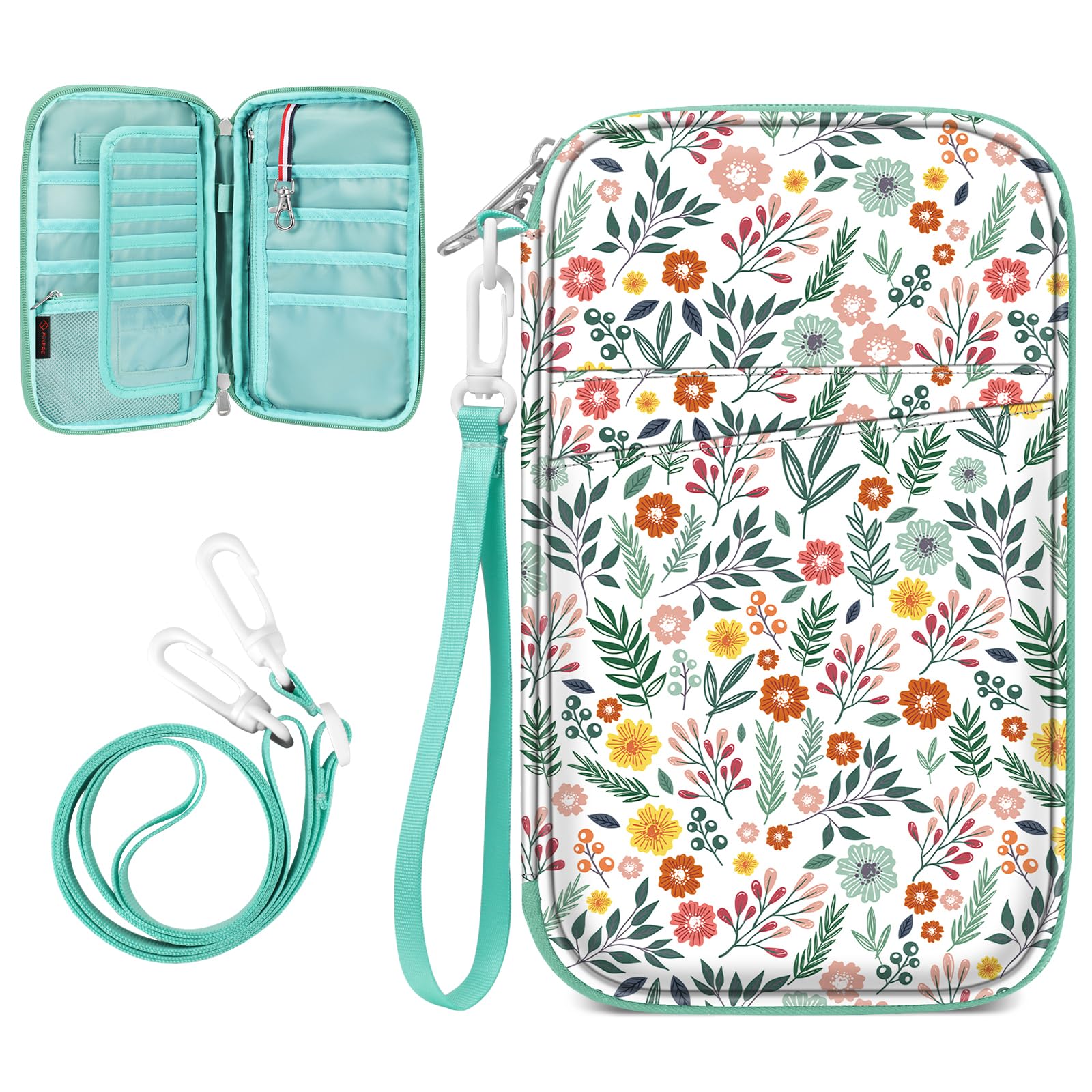 FINTIE Family Passport Holder for Travel, 6 People Big Capacity RFID Blocking Travel Document Organizer Clutch Bag with Pen Holder Keychain Credit Cards Case Cover for Women Men, Spring