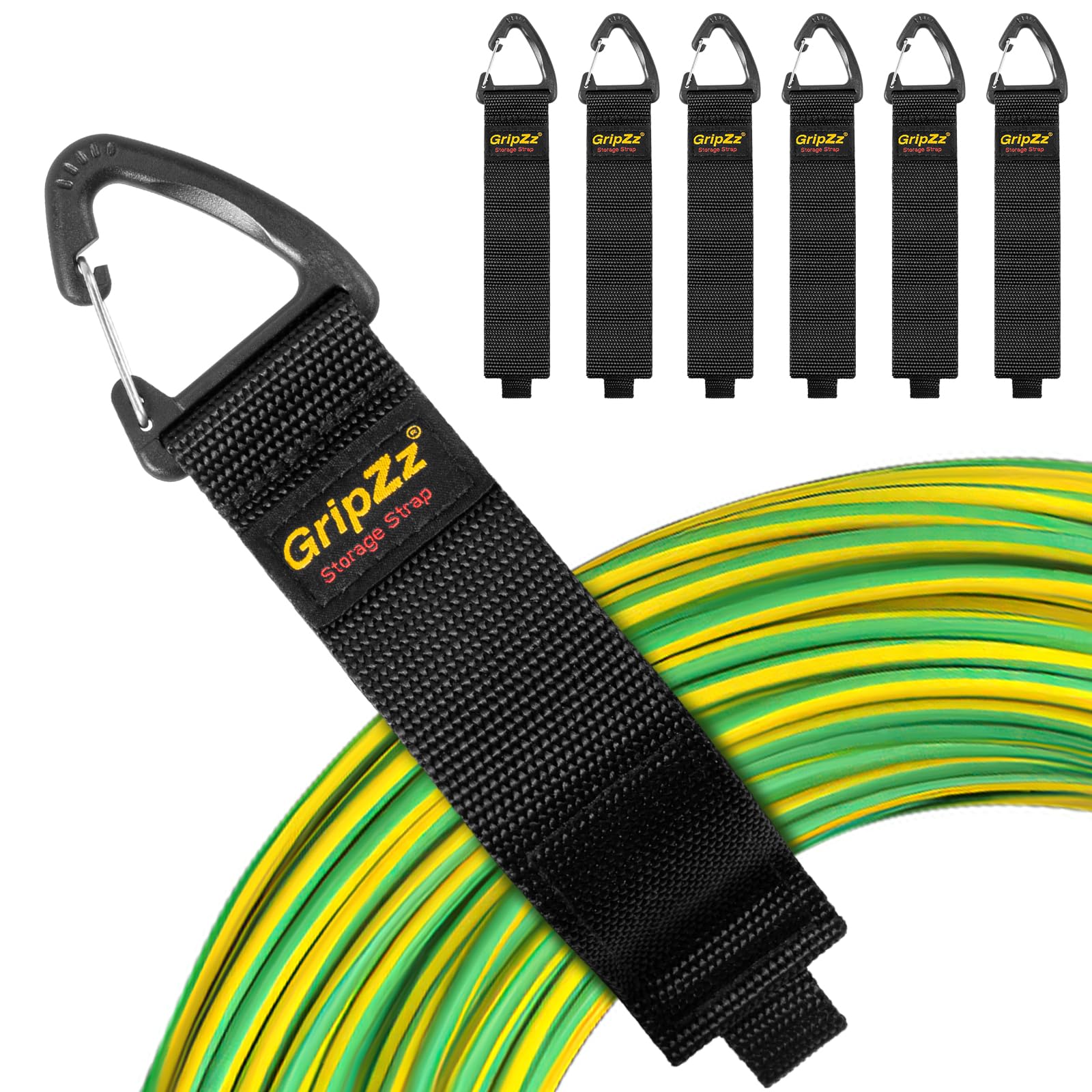 GripZz Extension Cable Organiser & Hanger (Pack of 6) - Cable Tie Set for Storing Cables, Hoses, Wires, Ropes and Tool Accessories in Garage, Motorhome, Workshop (M)
